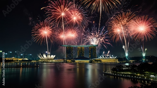 A vibrant fireworks display explodes over a modern cityscape with a reflecting pool.