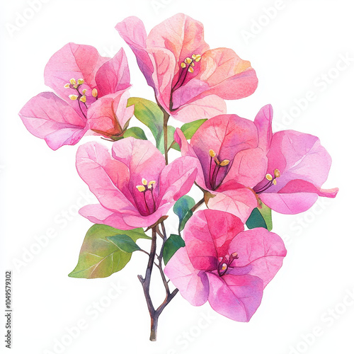 Fototapeta Naklejka Na Ścianę i Meble -  A vibrant watercolor pink bougainvillea isolated on a white background