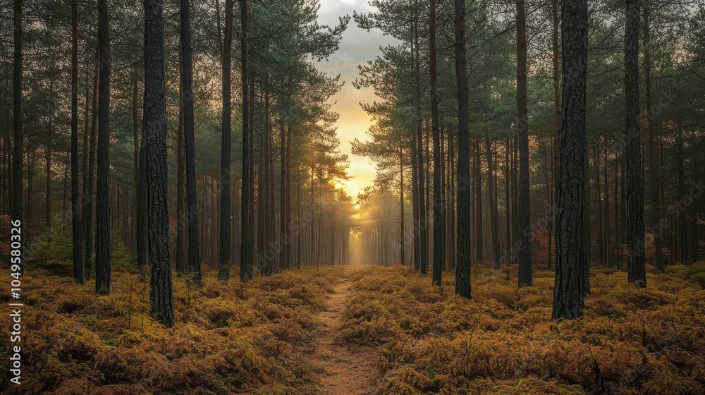 Obraz premium A forest with a path through it and a sun setting in the background. Generative AI