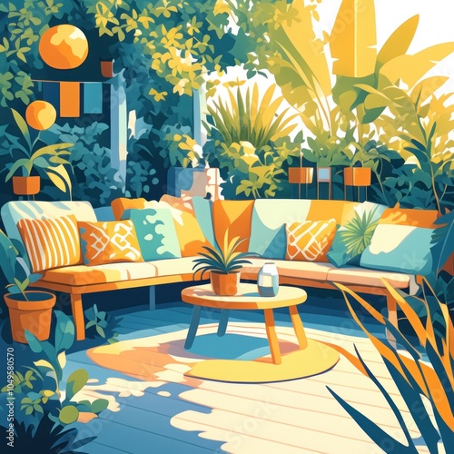 Colorful Illustration of a Patio with Lush Greenery and a Cozy Seating Area