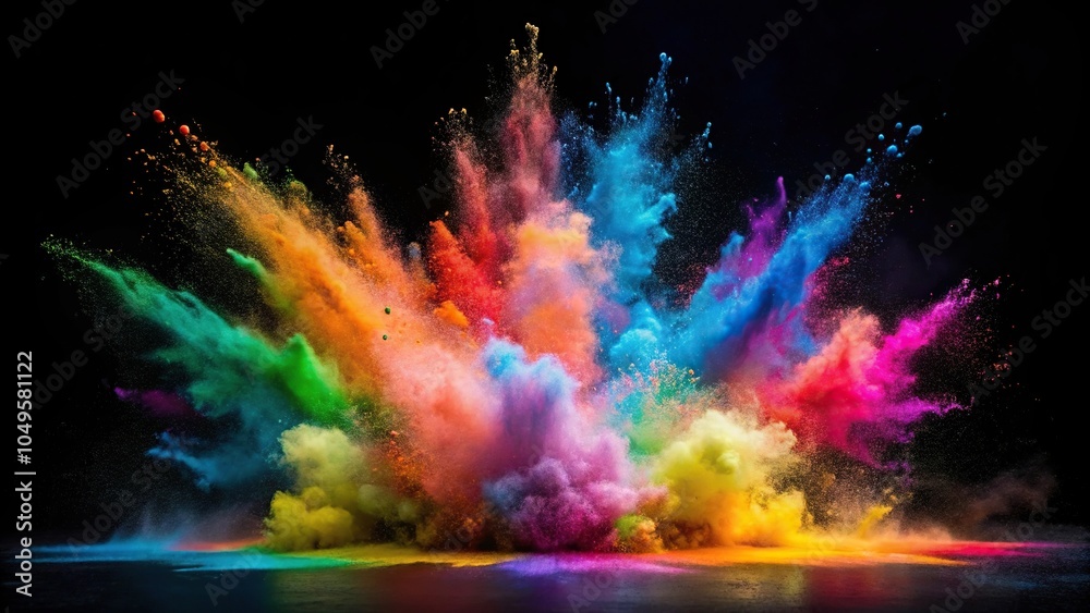 Fototapeta premium explosion of colored holi powder splash of paint and smoke on black background Aerial