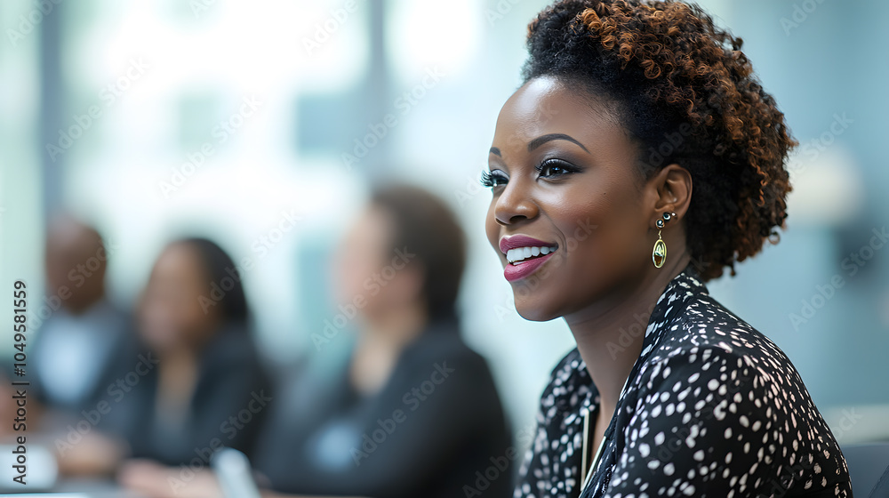 Obraz premium A woman with a smile on her face is sitting in a room with other people
