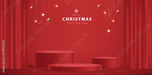 Merry Christmas banner with stage product display cylindrical shape and festive decoration for Christmas holiday