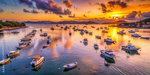 Aerial View of Boats and Speedboats Anchored at Dusk in Santo Antônio de Lisboa, Florianópolis, Brazil
