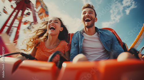 Fototapeta Naklejka Na Ścianę i Meble -  A couple is riding a roller coaster and laughing