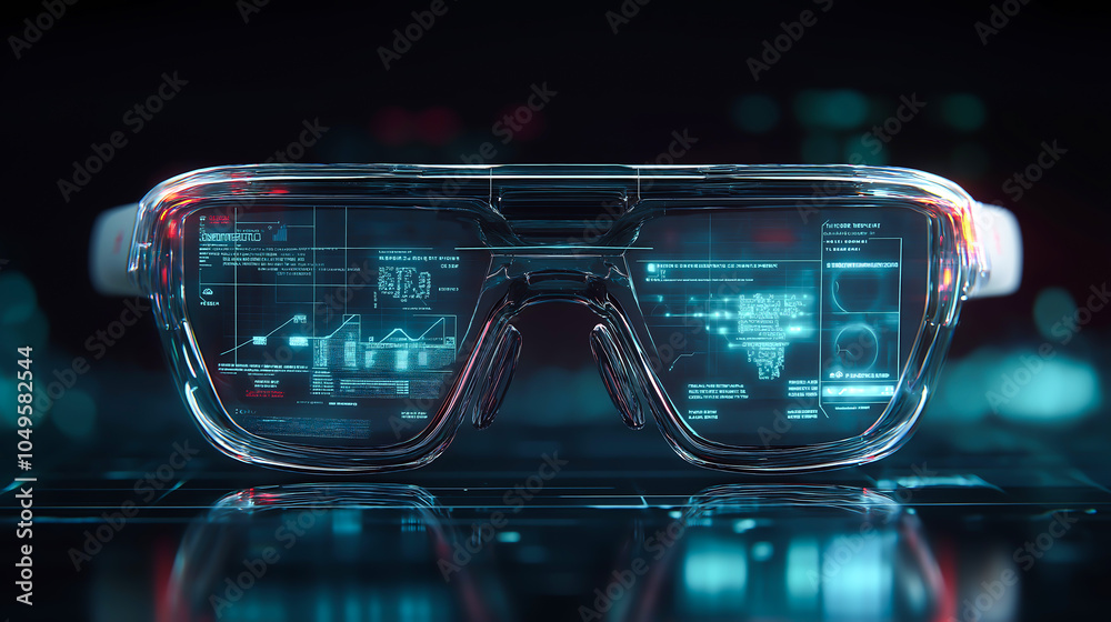 A high tech smart glasses with a transparent futuristic interface displaying glowing information, The smart glasses A high tech smart glasses with a transparent futuristic interface displaying glowing information, The smart glasses
