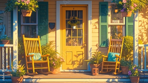 Charming Yellow Porch with Rocking Chairs Illustration