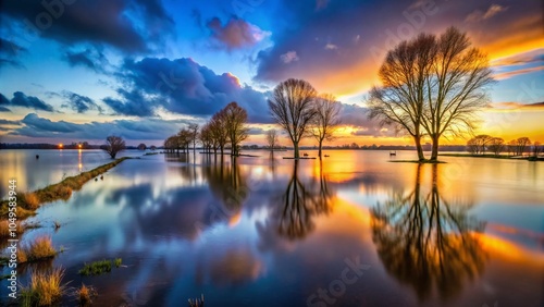 High Water Flooding in Wijk bij Duurstede, Netherlands - December 30, 2023, River Nederrhine Landscape Photography photo