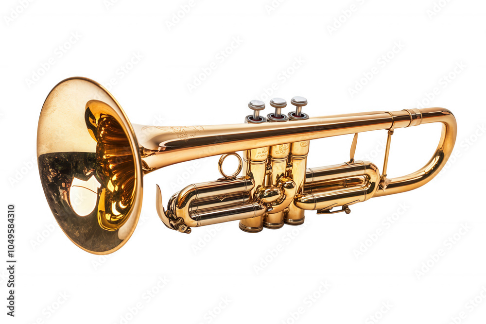 Obraz premium A shiny brass trumpet with three valves, showcased against a black background, highlighting its sleek design and musical potential.