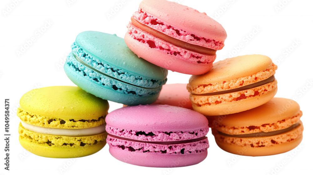 A colorful stack of macarons featuring pastel hues like pink, blue, yellow, and orange against a black background, showcasing their delicate texture. A colorful stack of macarons featuring pastel hues like pink, blue, yellow, and orange against a black background, showcasing their delicate texture.