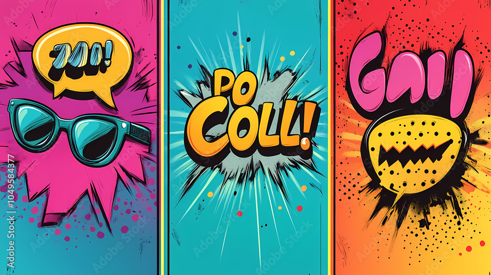 Fototapeta premium Collection of pop art retro comic speech bubbles with cool! text expression. Pop Art Comic. Illustration