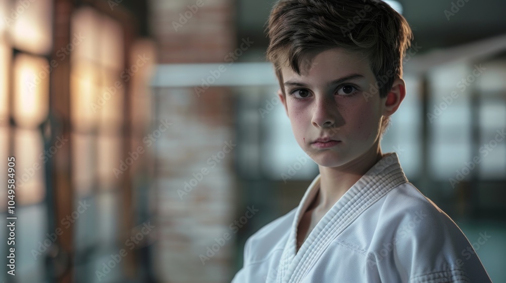 Obraz premium Young boy practices jujitsu in training center during afternoon class at a martial arts dojo