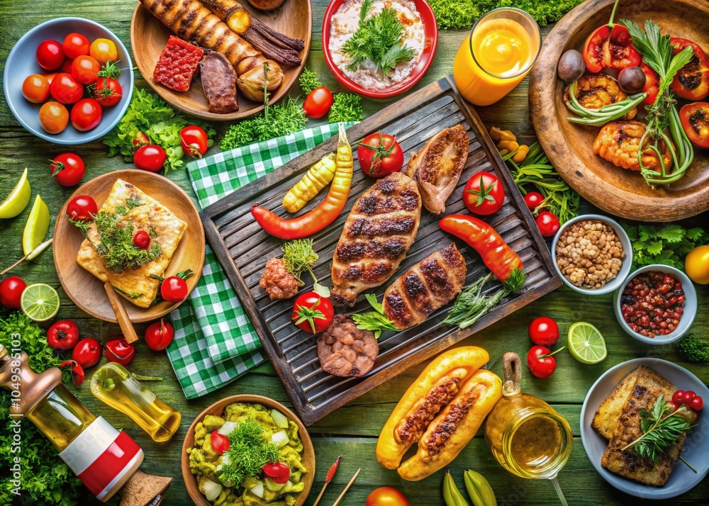 BBQ Grill Meat and Seafood Feast - Aerial Drone Photography of Grilled Delights BBQ Grill Meat and Seafood Feast - Aerial Drone Photography of Grilled Delights