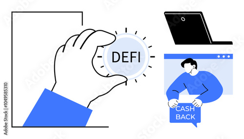 Hand holding DEFI coin, laptop icon, and man with cashback sign. Ideal for digital finance, cryptocurrencies, blockchain, decentralized finance, financial technology. Simple modern style