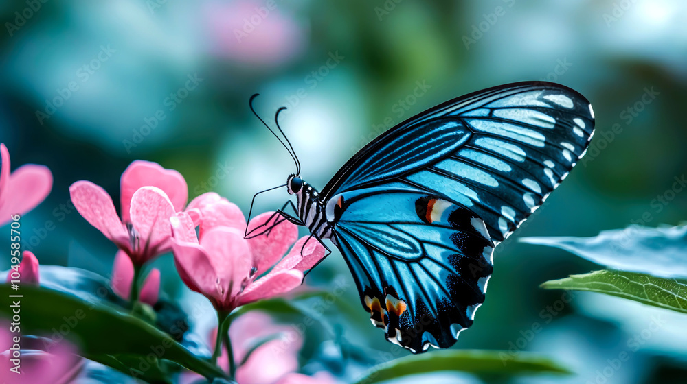 Naklejka premium A blue butterfly with black markings and orange spots rests on a pink flower with green leaves in the background.