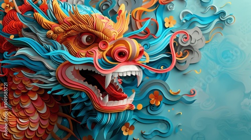 Chinese Dragon in Colorful Paper-Cut Style with Traditional Decorations