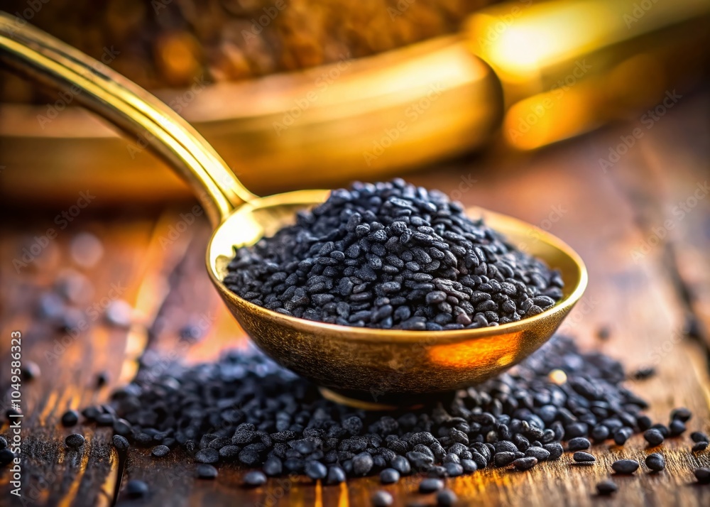 Black Cumin Seeds on Golden Spoon - Macro Photography for Black Cumin Oil Production Black Cumin Seeds on Golden Spoon - Macro Photography for Black Cumin Oil Production
