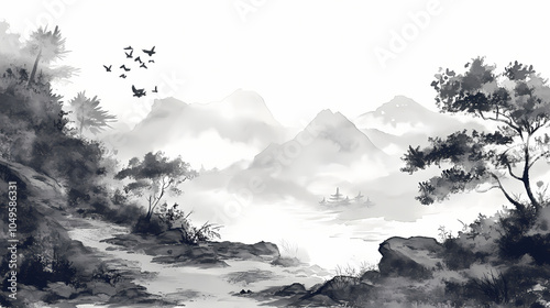 Black ink wash painting of a landscape with japanese oriental style. Ink and Wash Painting. Illustration photo