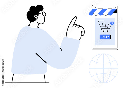 A person is pointing at a mobile device with a shopping cart icon and a BUY button on the screen. Ideal for e-commerce, online shopping, mobile apps, digital marketing, retail technology. Simple