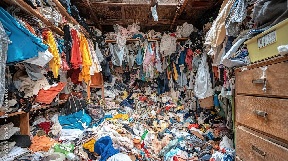 Cluttered Closet with Clothes Spilling Out