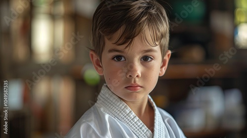 Young boy practices jujitsu in training center during afternoon class at a martial arts dojo