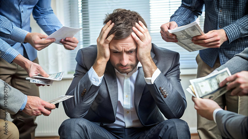 Stressed man overwhelmed by debt collectors demanding payment urgently