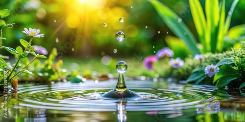 A small puddle of water in a garden surrounded by green flowers and leaves with tiny droplets dripping from the top, plants in water, nature scene, garden scenery, wet plant life photo