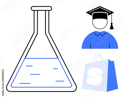 A simple vector style image of an Erlenmeyer flask with blue liquid, a graduate student icon in blue gown and cap, and a blue shopping bag with an S. Ideal for education, science, graduation