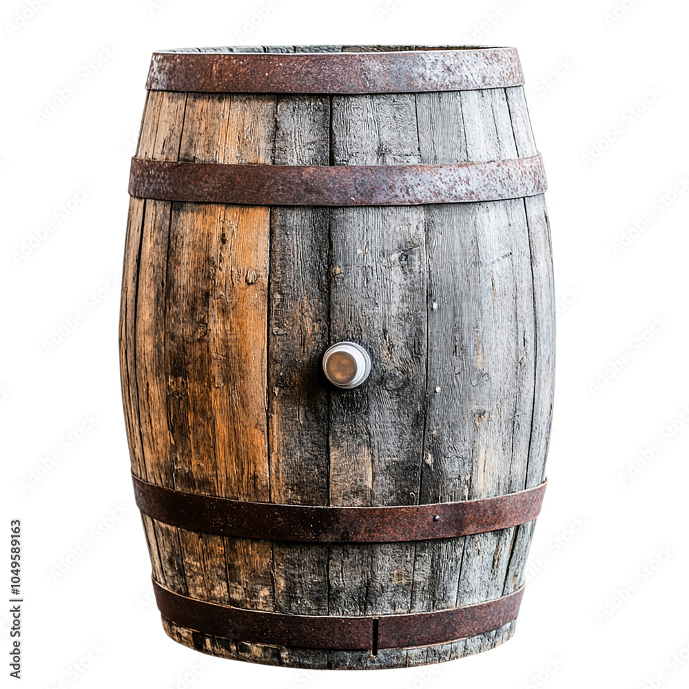 Obraz premium Rustic Wooden Barrel with Metal Bands and Spigot