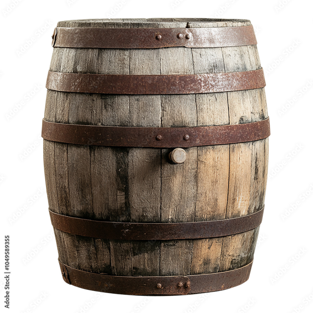 Fototapeta premium Rustic Wooden Barrel with Metal Bands: A Timeless Charm