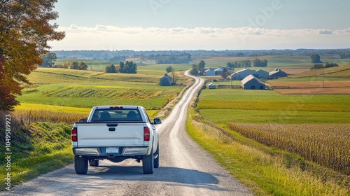 Rural Countryside Road with Pickup Truck and Scenic Farmland Landscape under a Clear Blue Sky on a Sunny Day