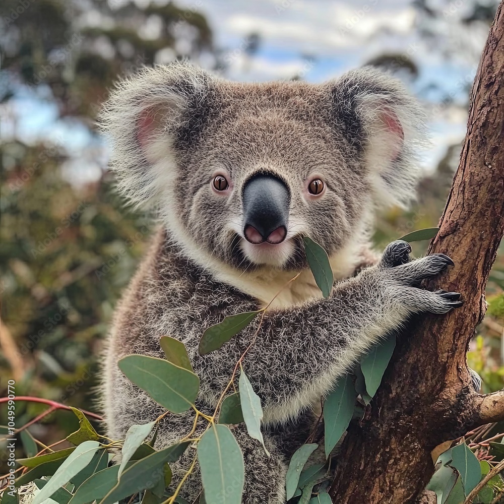 Fototapeta premium Sleepy koala in a eucalyptus tree on a sunny morning.