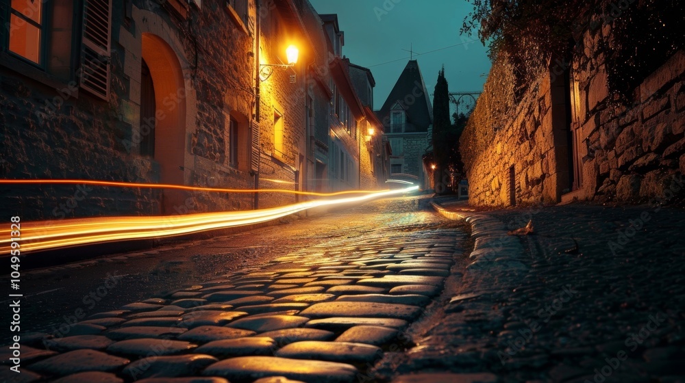 The cobblestone streets of a charming village are brought to life at night by the glowing light trails of cars passing through creating a romantic atmosphere. The cobblestone streets of a charming village are brought to life at night by the glowing light trails of cars passing through creating a romantic atmosphere.