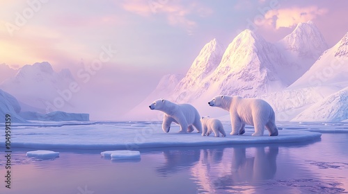 Polar bears on Arctic ice at sunset