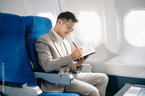 Young Asian executive excels in first class, multitasking with digital tablet, laptop and smartphone. Travel in style,