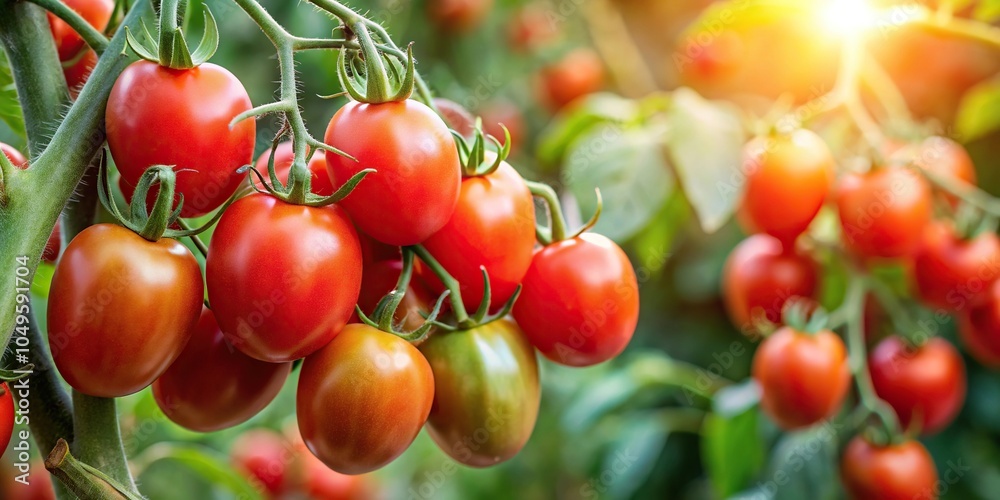 Obraz premium A group of ripe red tomatoes hanging from the branches of a healthy tomato plant, plant, fruit, leafy greens