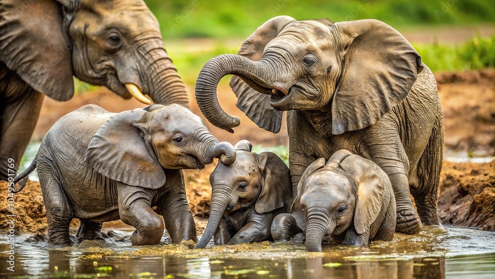 Fototapeta premium A group of baby elephants playing in the mud, with one elephant covered in slime and ivory tusks visible, playful behavior, wildlife photography, conservation efforts, muddy play