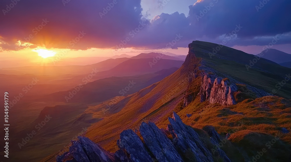 Fototapeta premium Dramatic Sunset Over Mountain Ridge with Rich Colors