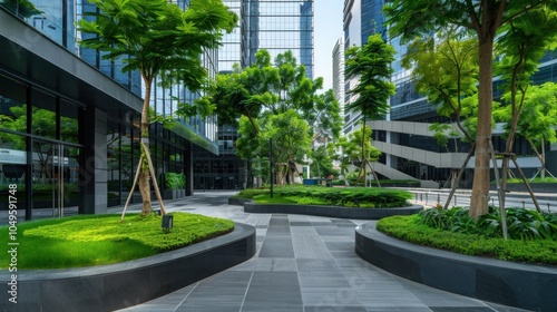 Urban Oasis: Ecological Landscaping with Green Trees in Business Center Area in Front of Modern Office Building