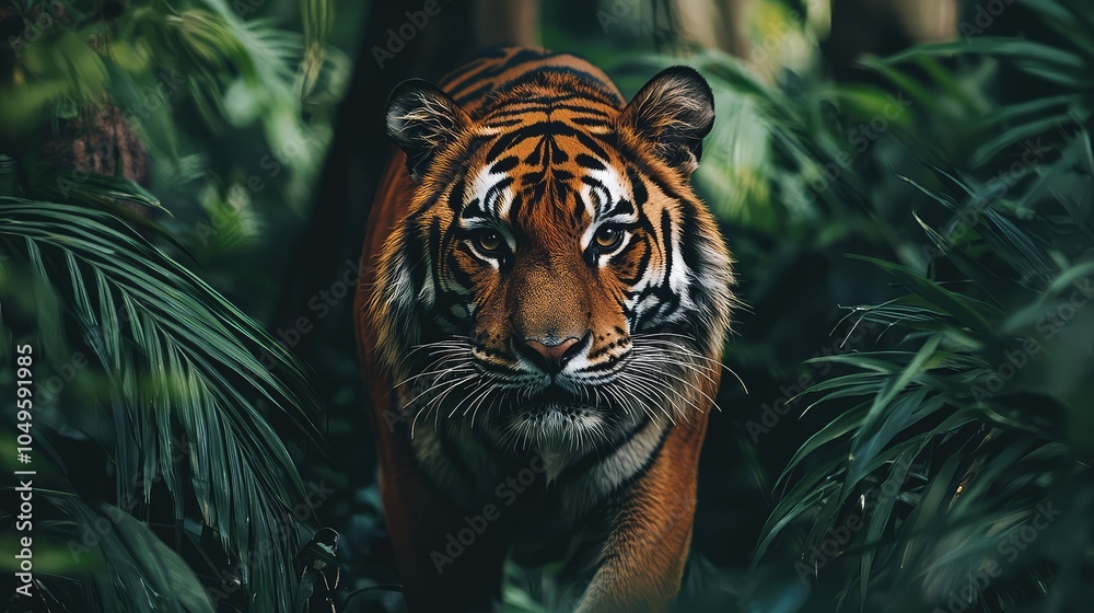 Fototapeta premium Tiger Prowling Through Dense Jungle Environment