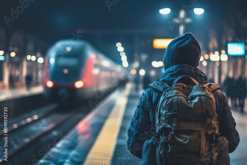 A traveler awaits at a dim train station, backpack ready as a train approaches in the background photo