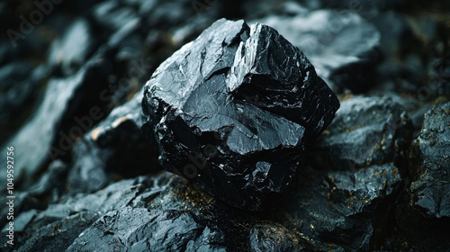 A close-up of a large, black rock resting on a bed of smaller, black rocks. The rock has a rough, textured surface and appears to be wet.