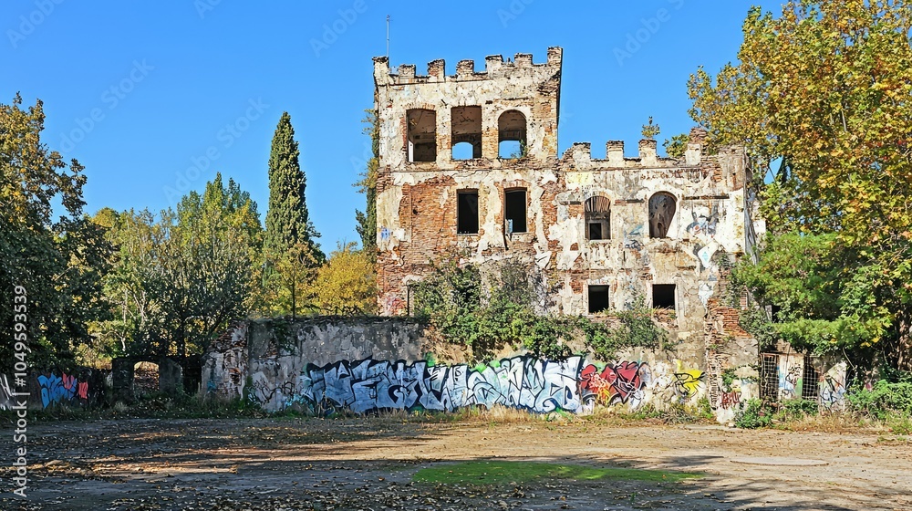 Obraz premium Abandoned Building with Crumbling Walls and Graffiti