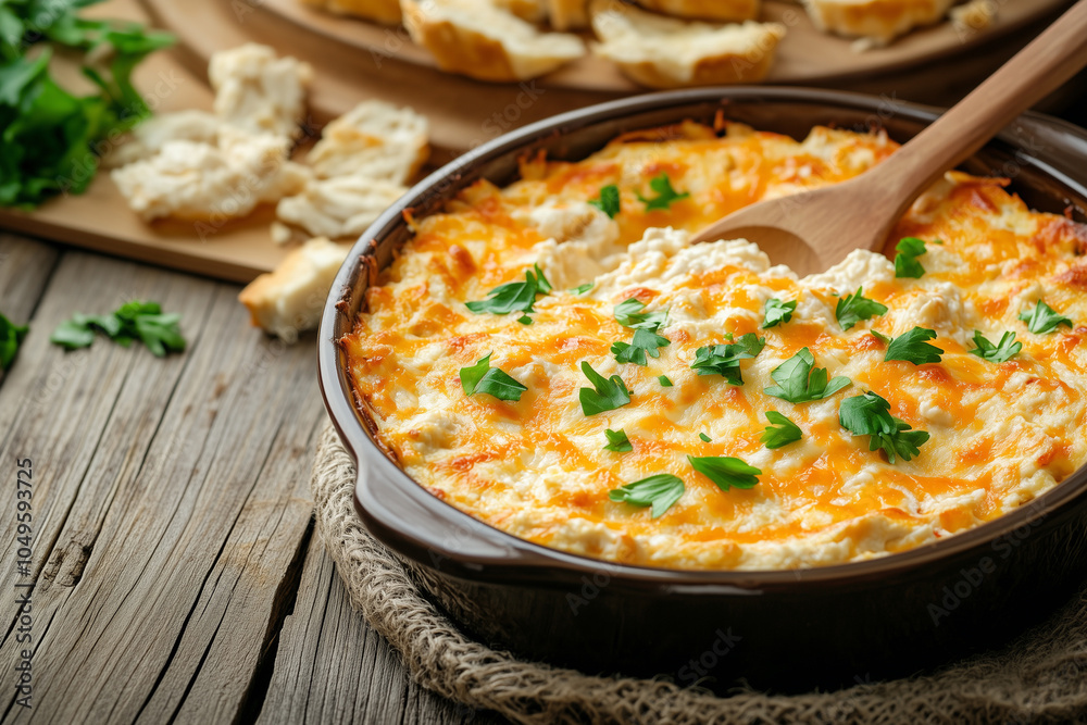 Buffalo chicken dip in baking dish with wooden spoon on the rustic wooden table, close-up Buffalo chicken dip in baking dish with wooden spoon on the rustic wooden table, close-up
