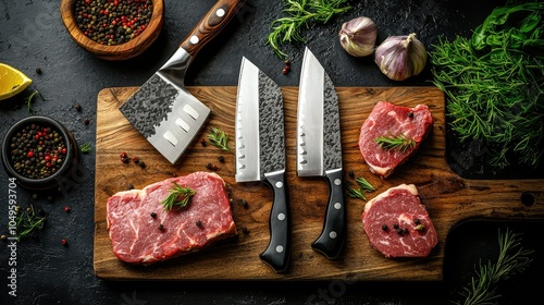 Detailed View of Butcher's Tools and Fresh Meat Cuts