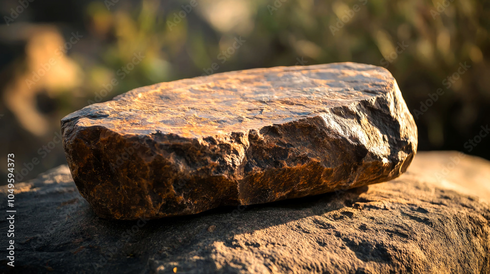 Fototapeta premium A close-up of a rough, flat, brown rock resting on a larger rock with a blurred background of green vegetation.