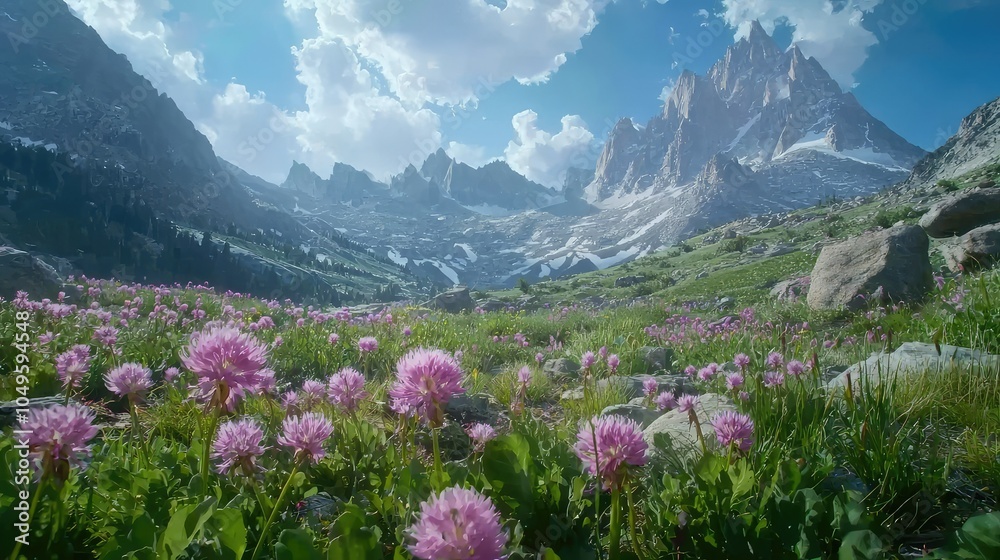 Fototapeta premium Vibrant Wildflowers in Majestic Mountain Landscape