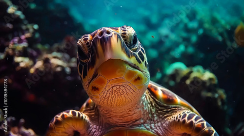 A close-up of a sea turtle with its head up, looking at the camera, in a coral reef.