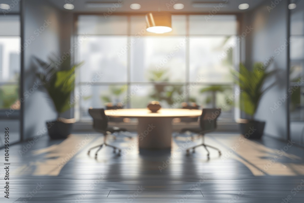 Blurred background of a modern office interior with panoramic windows and a round table for meetings in a minimalist white style Blurred background of a modern office interior with panoramic windows and a round table for meetings in a minimalist white style