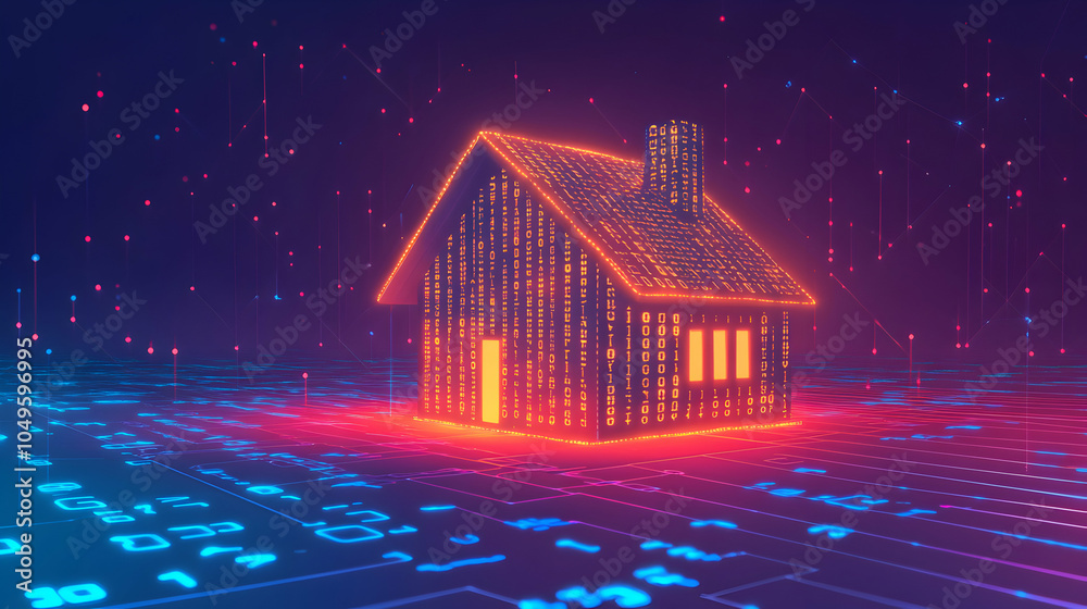 Tech-Inspired Cartoon House Surrounded by Binary Code and Data Elements Tech-Inspired Cartoon House Surrounded by Binary Code and Data Elements